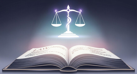Glowing scales of justice above an open law book on a dark background with radiant light