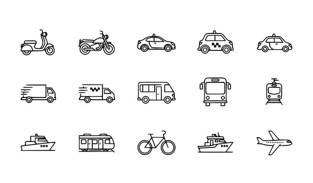 Modern transport line icon pack with scooter taxi truck car train and vehicle elements vector collection isolated on white background