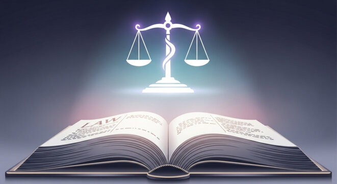 Glowing scales of justice above an open law book on a dark background with radiant light