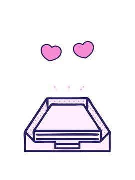 spinning hearts animation of comic book style cartoon of a paper stack in tray