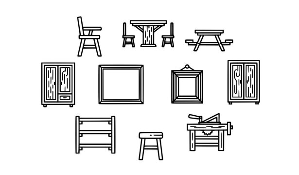 Bold linear wood furniture icons set with high chair dining table wardrobe and carpentry tools vector collection isolated on white background