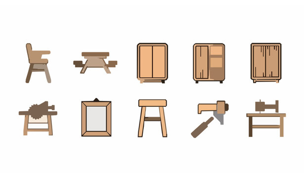 Minimal wood furniture icon collection with dining table high chair wardrobe and carpentry elements vector set isolated on white