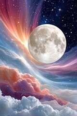 Fototapeta premium Bright full moon in colorful space nebulae surrounded by stars and clouds