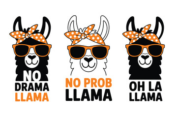 Fototapeta premium Stylish llamas cartoon set with humorous quotes for t-shirts and stickers