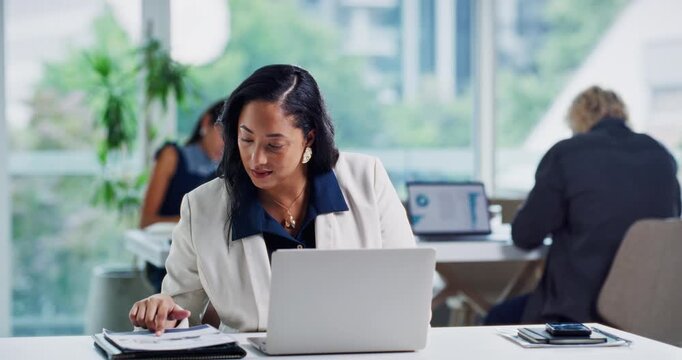 Business, woman or laptop with paperwork in office for record keeping, invoice review or coworking. Staff, accountant and tech with report to compare client info, audit compliance and risk assessment