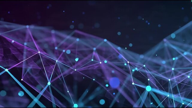Dynamic abstract visualization of a digital network with glowing blue and purple lines connecting data points, symbolizing advanced technology and global information flow