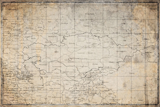 Vintage Map Of Kazakhstan With Regions On Retro Paper Background