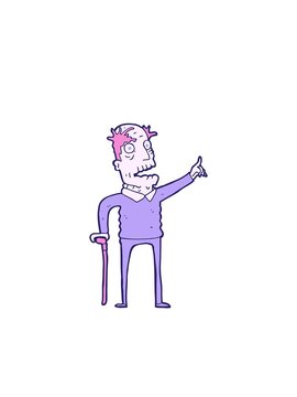 blinking radial lines animation of cartoon old man with walking stick