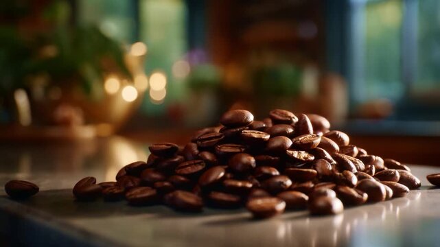 A Captivating Close-Up View of Fresh Coffee Beans Piled on a Table, Highlighting Their Rich Color and Texture in a Soft Natural Setting