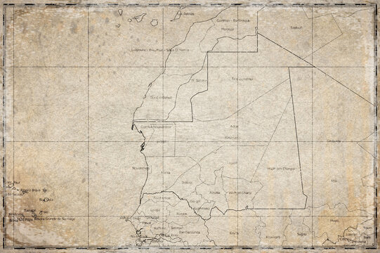 Vintage Map Of Mauritania With Regions On Retro Paper Background