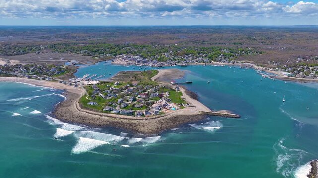 Scituate Harbor aerial view including First Cliff village and Cedar Point in town of Scituate, Massachusetts MA, USA. 