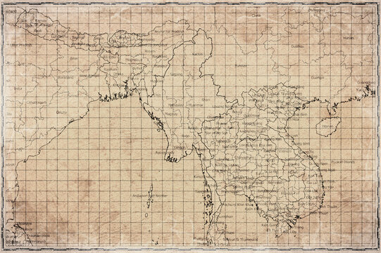Vintage Map Of Myanmar With States And Regions On Retro Paper Background
