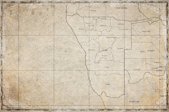 Vintage Map Of Namibia With Regions On Retro Paper Background