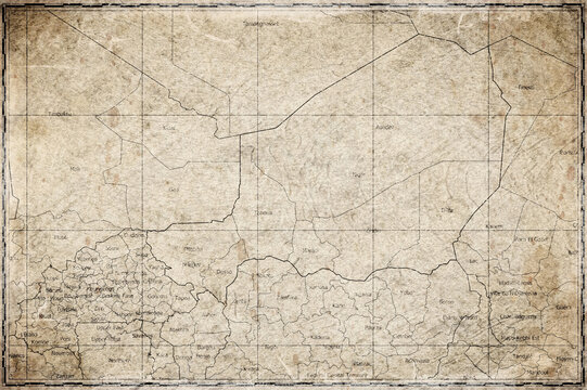 Vintage Map Of Niger With Regions On Retro Paper Background