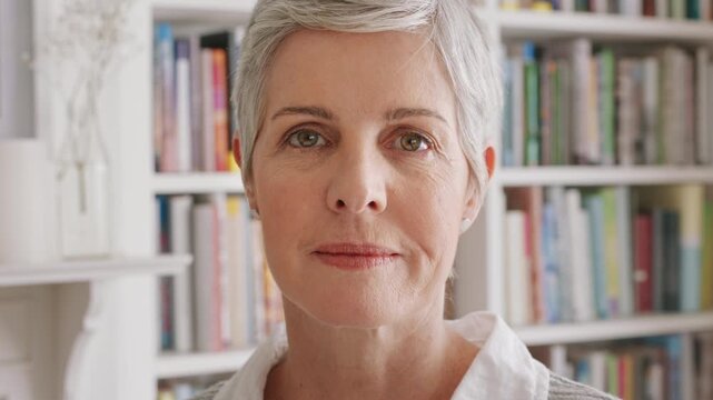 Face, serious and books with woman in store for small business, library clerk and inventory manager. Professional, about us and bookstore owner with mature person for bookshelf, career and librarian