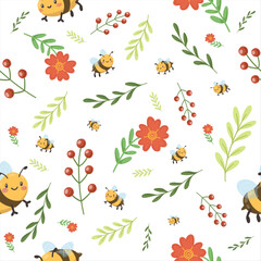 Naklejka premium Cute bee floral seamless pattern with flowers, leaves and berries, spring botanical background, vector illustration