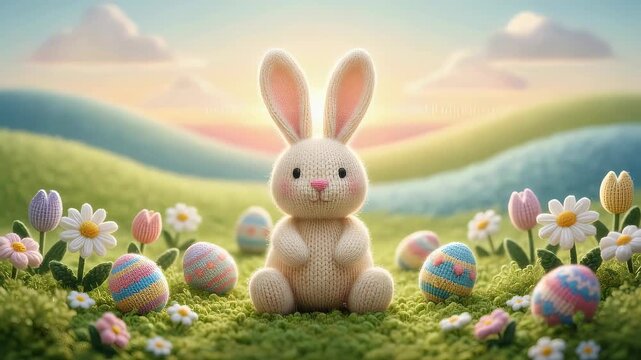 Knitted Easter bunny sitting in meadow with colorful eggs and flowers. Handmade toy rabbit for holiday decoration. Springtime scene with sunset landscape art.