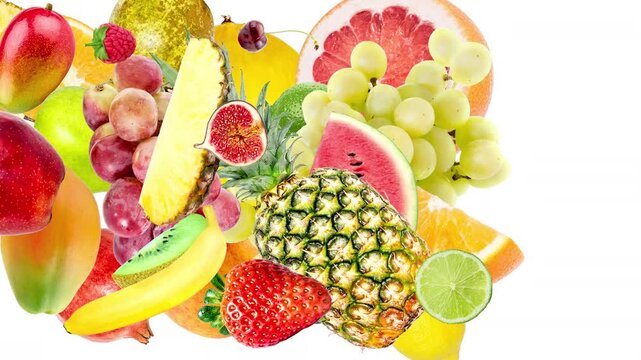 A variety of exotic fruits and berries fly from left to right against an isolated white background. 4K slow motion 3D animation with a speedramp effect. 60 fps.