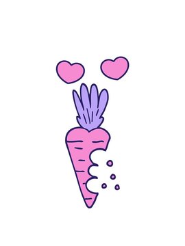 spinning hearts animation of cartoon doodle carrot with bite marks