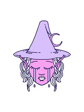 neon light effect animation of Retro Tattoo Style crying elf mage character face