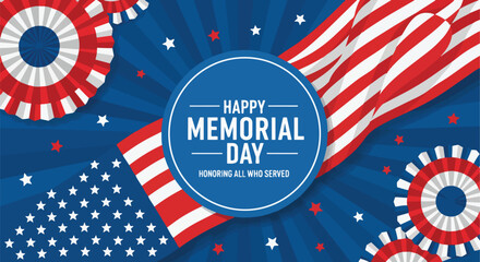 Fototapeta premium Patriotic Memorial Day illustration with american flag, red and white rosettes, and star elements, suitable for social media posts, holiday greetings, and commemorative banners.