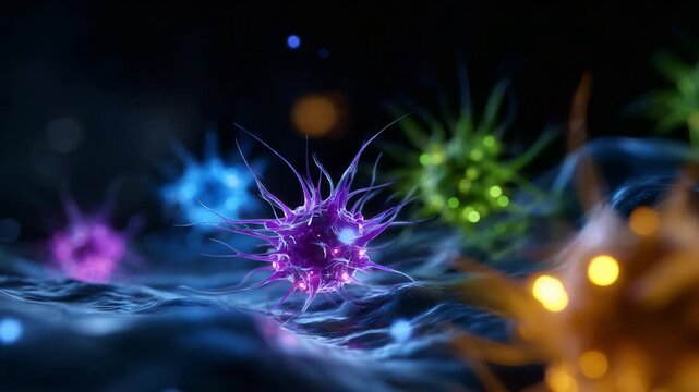 Vibrant Microscopic Life Forms Captured in Stunning Detail, Showcasing Colorful Microorganisms Floating in a Mysterious Fluid Environment.