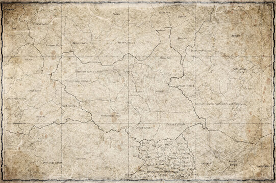 Vintage Map Of South Sudan With States On Retro Paper Background