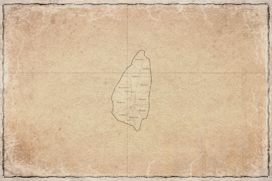 Vintage Map Of Saint Lucia With Quarters On Retro Paper Background