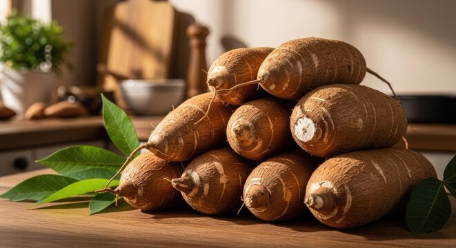 Fresh cassava roots stacked on a wooden surface in a kitchen setting