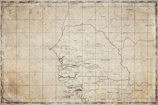 Vintage Map Of Senegal With Regions On Retro Paper Background