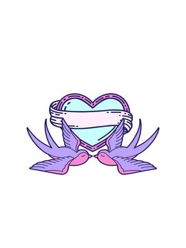 jumping motion animation of tattoo in traditional style of swallows and a heart with banner