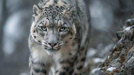 Fototapeta premium A snow leopard walks through a snowy rocky landscape