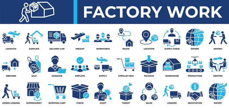 Factory Work icon set collection. Containing sales, transfer, logistics, progress, survey, plan, import .Solid vector icons collection
