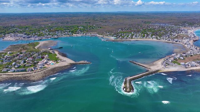 Scituate Harbor aerial view including Bulman Marine and Harbor Marina in town of Scituate, Massachusetts MA, USA. 