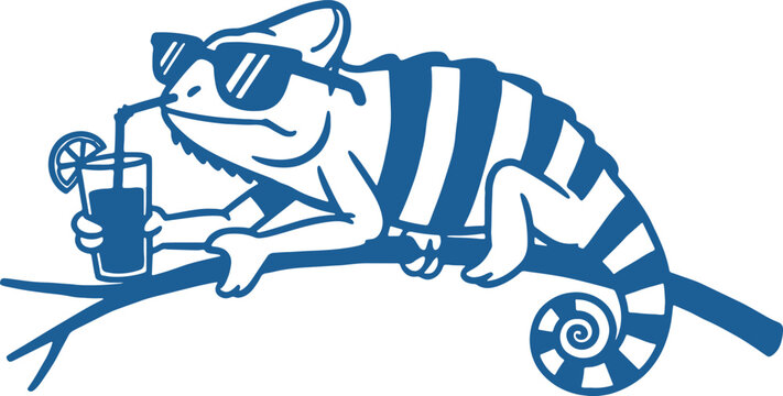 blue chameleon wearing sunglasses drinks from a straw