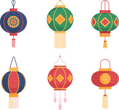 Colorful Chinese lantern vector set with traditional hanging decorations, Asian festival elements for holiday celebration design