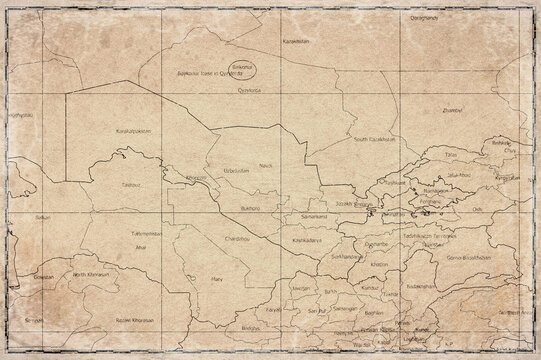 Vintage Map Of Uzbekistan With Regions On Retro Paper Background