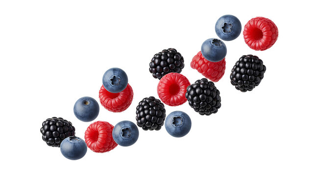 Berries mixing with falling raspberries blackberries and blueberries PNG. Fresh sweet raw organic juicy forest fruit flying isolated for healthy natural vegan nutrition and summer dessert recipes