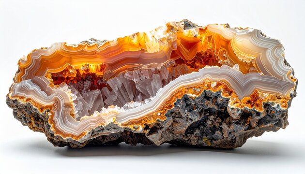 Striking Agate Geode Slice with Intricate Banding and Crystal Interior.