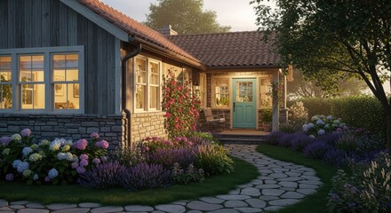 Fototapeta premium Charming cottage exterior with stone pathway and vibrant garden daylight scene