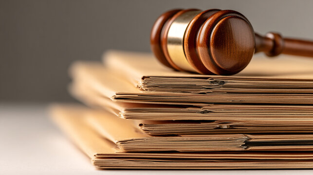 Gavel resting on stack of legal documents papers