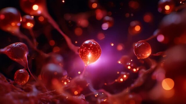 A Close-Up View of Red and Glowing Cellular Structures, Highlighting the Intricate Patterns and Connections Between Microscopic Elements in Vivid Detail