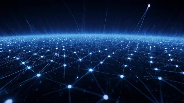 Blue Network Globe Of Glowing Nodes, Expansive Horizon With Pulsing Connections, Illuminated Mesh Grid And Distant Data Beams Suggesting Global Connectivity And Futuristic Exchange