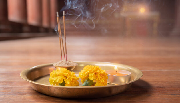 Close-up of Traditional Buddhist Offering Tray in Indonesian Temple - Spiritual Sacrifice