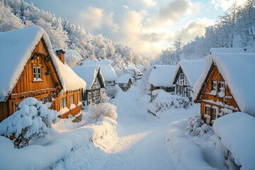 Fototapeta premium Scenic winter village with snow-laden rooftops and soft evening light
