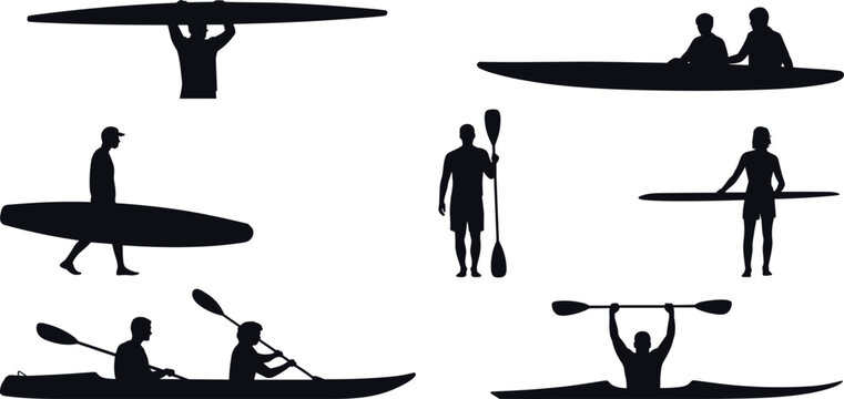 Kayak and surf silhouettes collection featuring people paddling, carrying boards and water sport activities, black human figures isolated for adventure, recreation and outdoor design