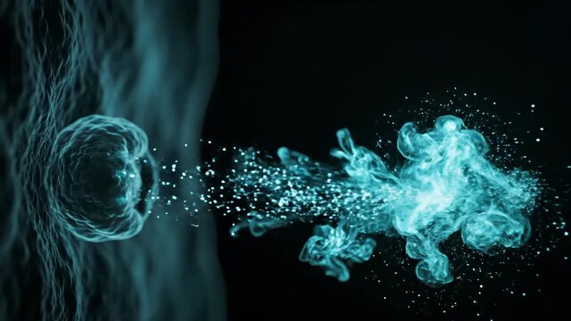 Futuristic scientific animation of a blue exosome releasing glowing cargo particles.