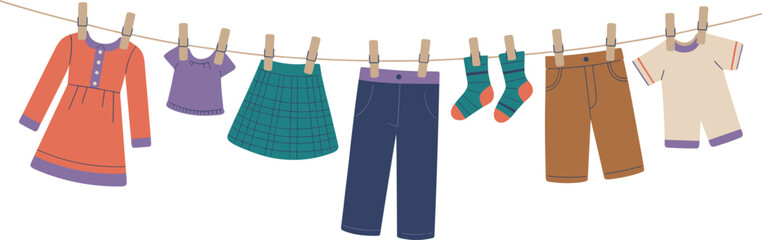 Clothes hanging on rope vector illustration, laundry drying garments collection colorful household lifestyle design © MdMajnur
