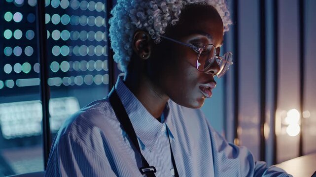 Woman programmer types on laptop. Developer inspects code on computer screen. Coding workflow visible with LED reflection in eyewear. Technology driven office with startup energy and focus. Calm.