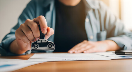 Fototapeta premium Person holding a car key on a desk with documents